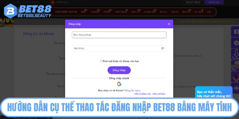 Hướng dẫn cụ thể thao tác đăng nhập Bet88 bằng máy tính