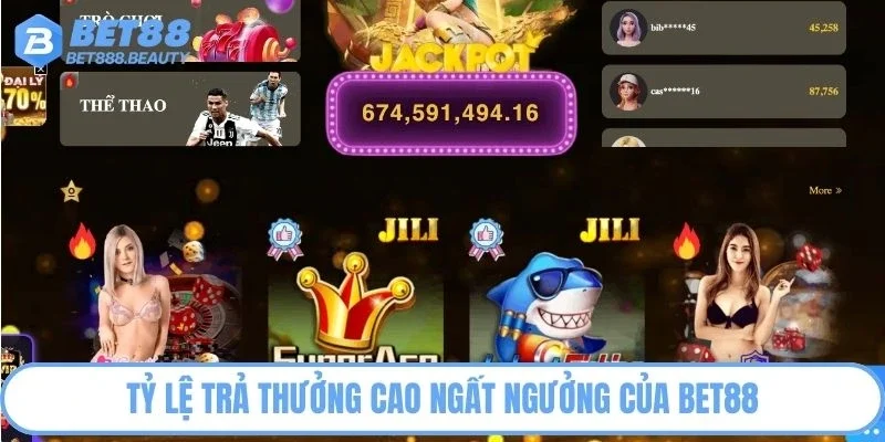 Tỷ lệ trả thưởng cao ngất ngưởng của Bet88